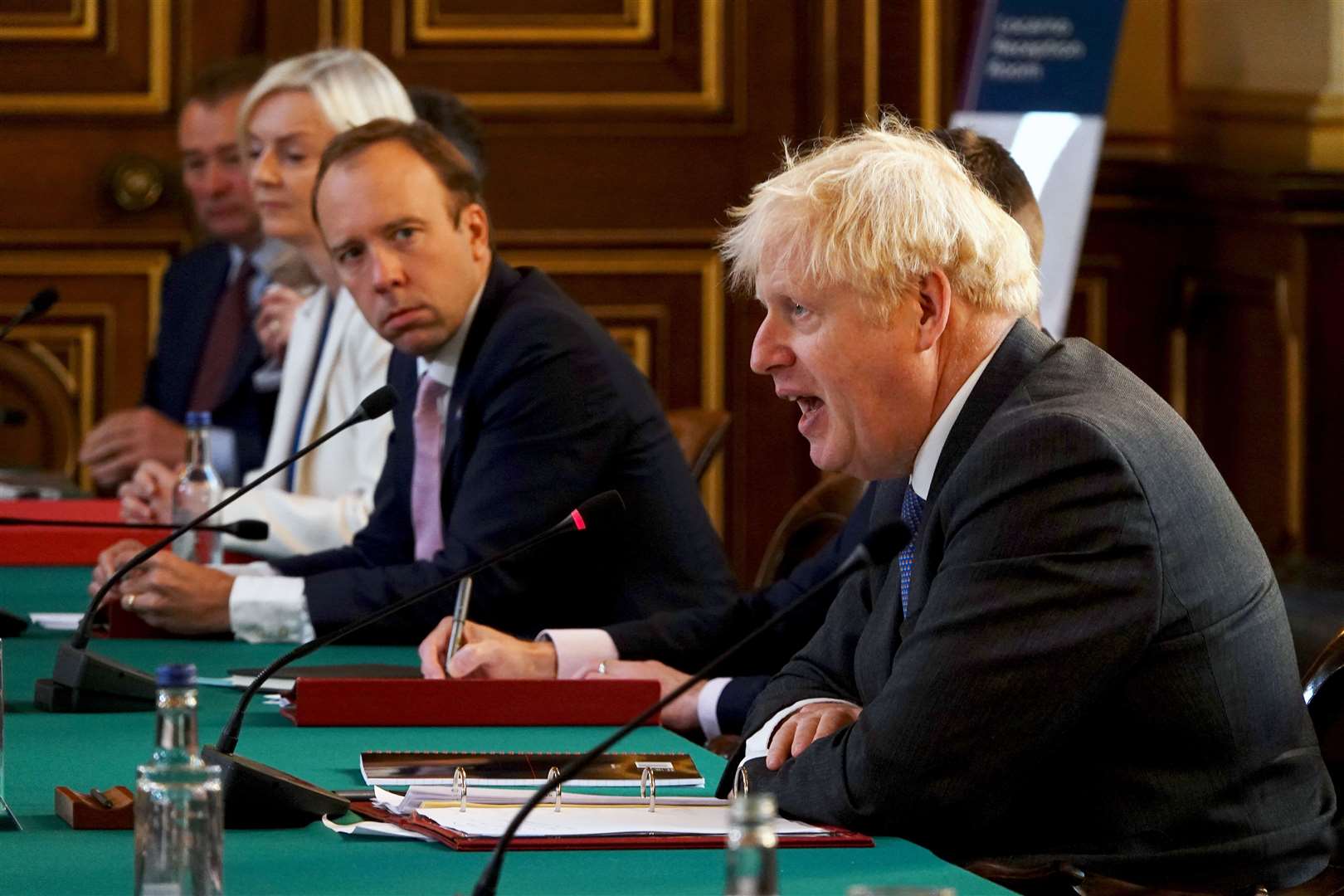 Then-health secretary Matt Hancock and former prime minister Boris Johnson at a Cabinet meeting (Jonathan Buckmaster/Daily Express/PA)