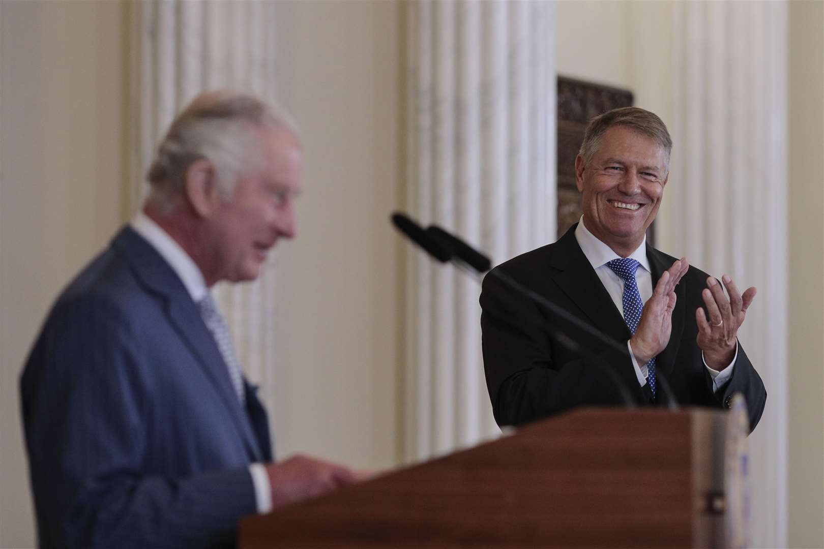 The King with Romanian president Klaus Iohannis in Bucharest (Octav Ganea/PA)