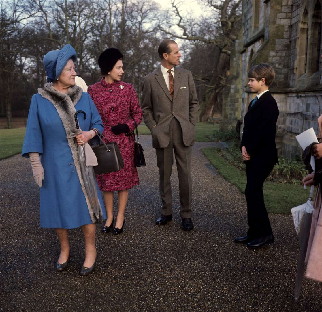 The Queen, with the Queen Mother, the Duke of Edinburgh and Prince Edward, at the Royal Chapel in Windsor Great Park for a service commemorating the 25th accession anniversary in February 1977 (PA)