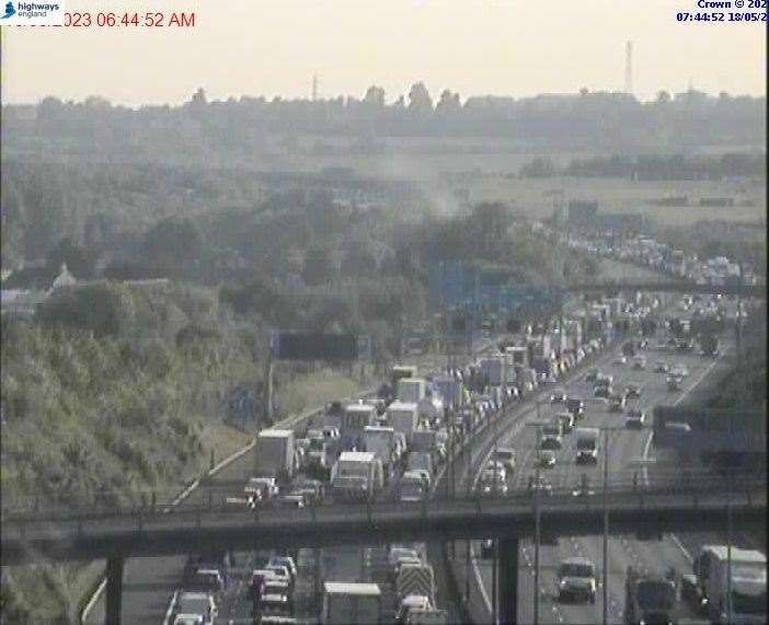 There are three-mile queues on the M25 following a crash this morning