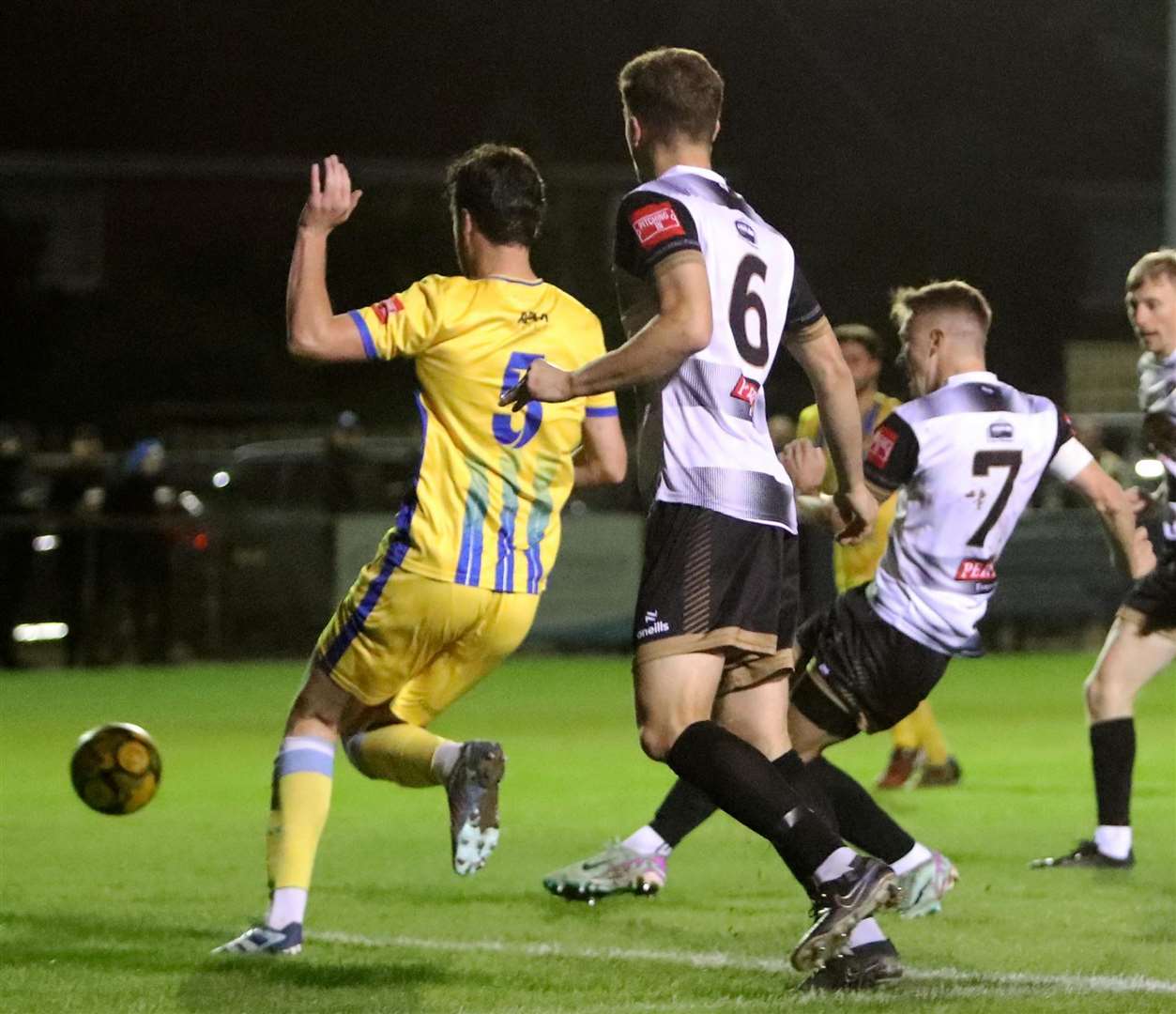 Tom Chapman opens the scoring for Deal Town in last Tuesday’s 3-2 Isthmian South East home defeat to Sittingbourne. Picture: Paul Willmott