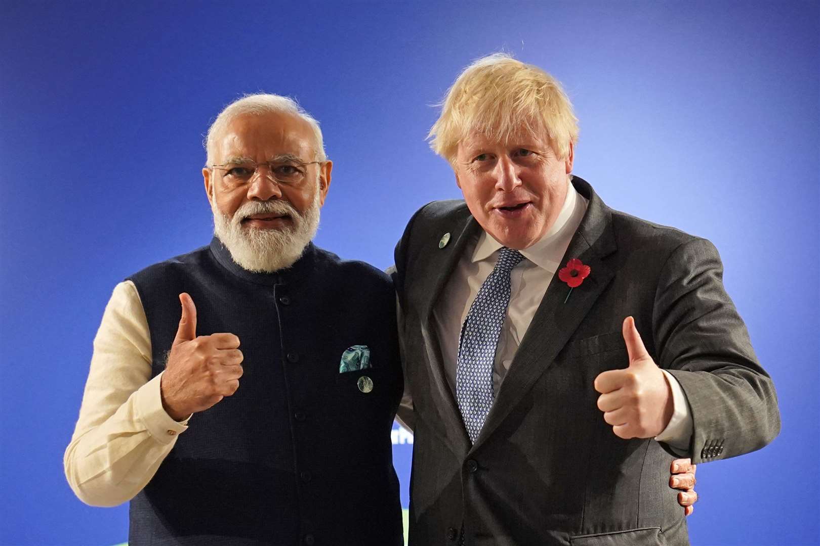 Mr Johnson greets India’s prime minister Narendra Modi ahead of their bilateral meeting (Stefan Rousseau/PA)