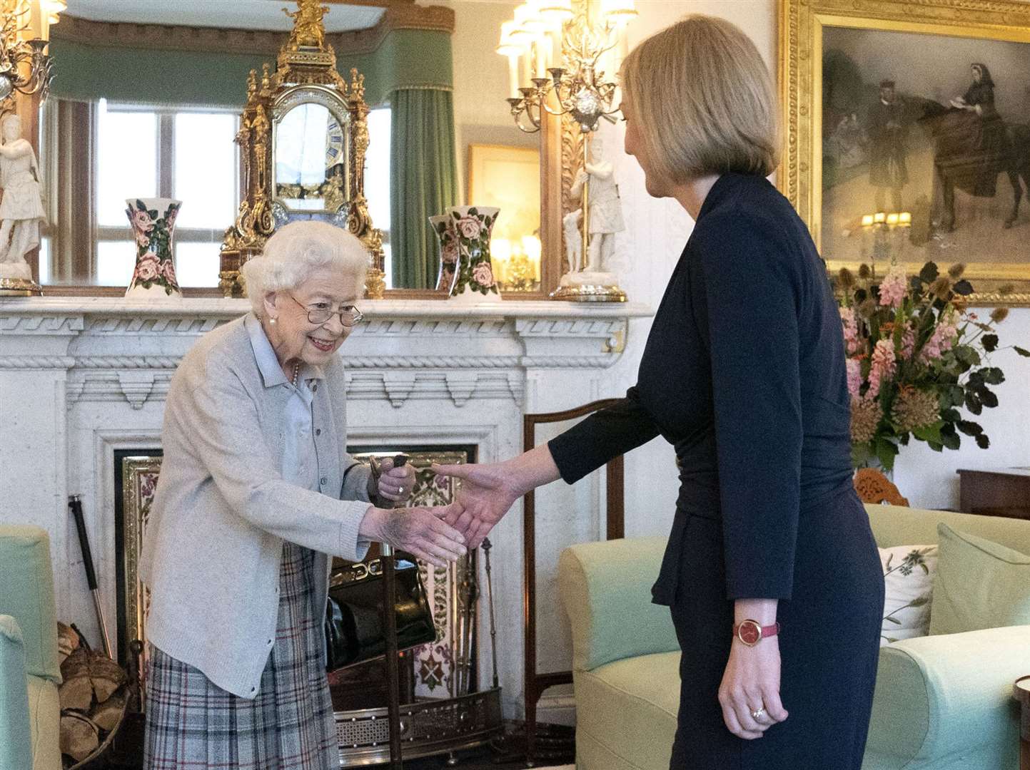 Queen Elizabeth II welcoming Liz Truss at Balmoral, Scotland to appoint her as prime minister (Jane Barlow/PA)