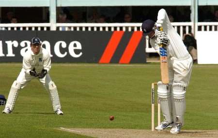 Martin van Jaarsveld plays a defensive shot on the way to his debut century at Canterbury. Picture: BARRY GOODWIN