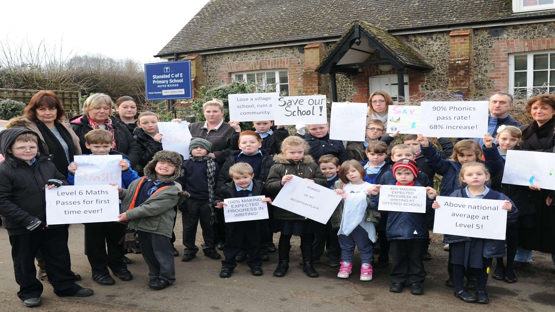 Parents and pupils outside Stansted school