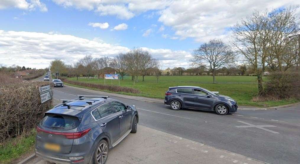 The Ashford Road in Kingsnorth, Ashford, is currently blocked in both directions following a crash at the junction with Magpie Hall Road and Steeds Lane. Picture: Google