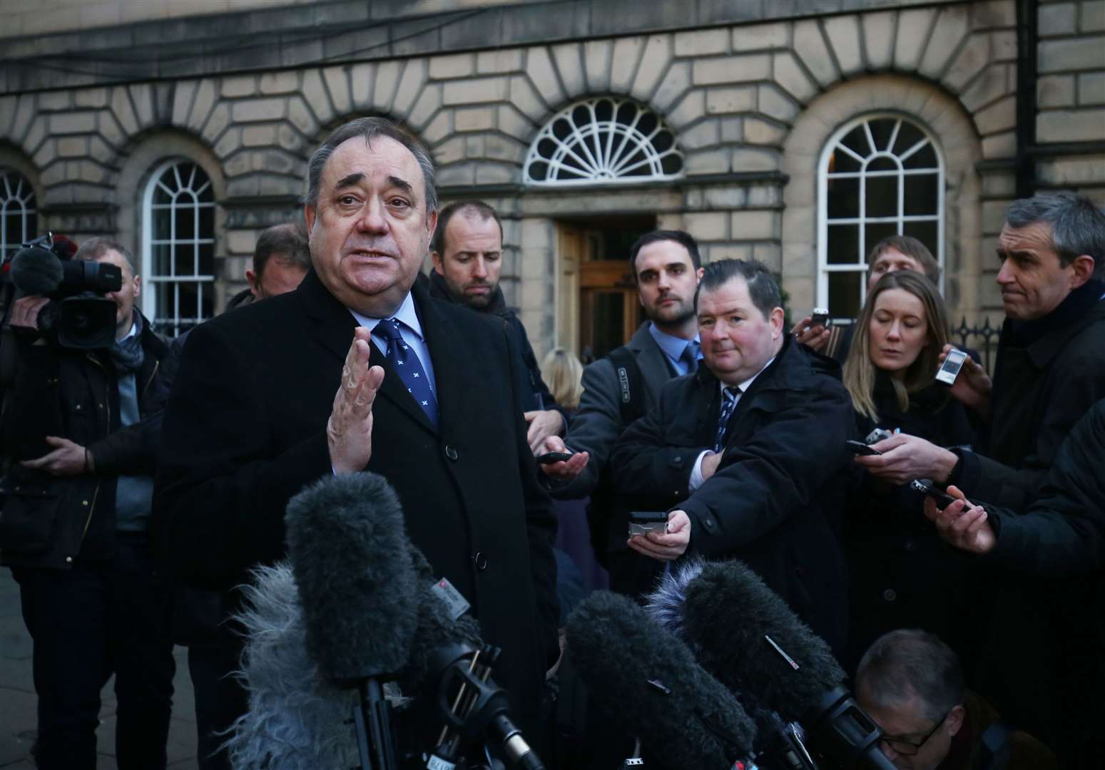 Alex Salmond speaking to journalists outside the Court of Session after it ruled the Scottish Government acted unlawfully regarding sexual harassment complaints against the former first minister (Jane Barlow/PA)