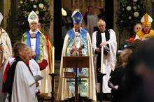 Installation of the 107th Bishop of Rochester, Rt Rev James Langstaff. Bishop James Langstaff in blue robes, at Rochester Cathedral.