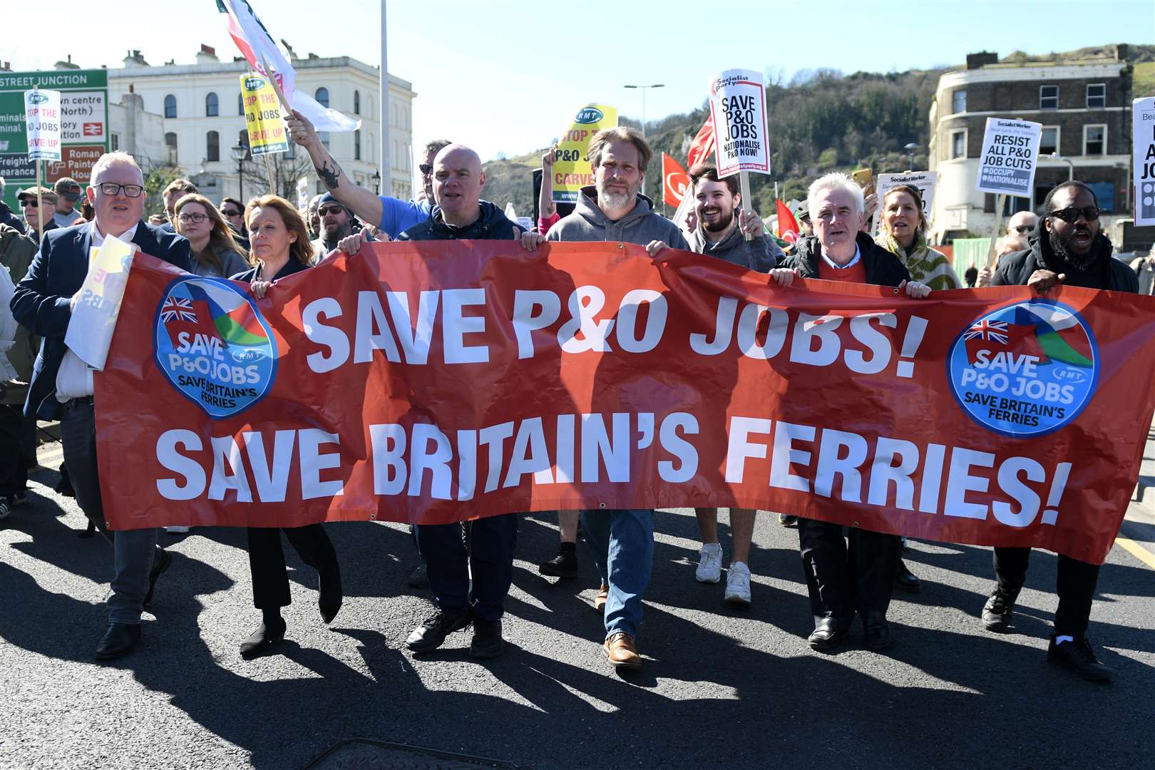 There were chants of "seize the ships" as a group of staff marched down the A20 towards the port Picture: Barry Goodwin