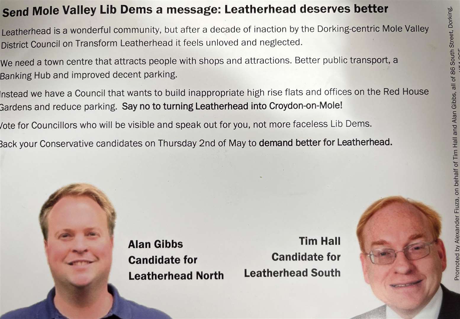 Campaign literature for Alan Gibbs and Cllr Tim Hall on Mole Valley District Council, Surrey