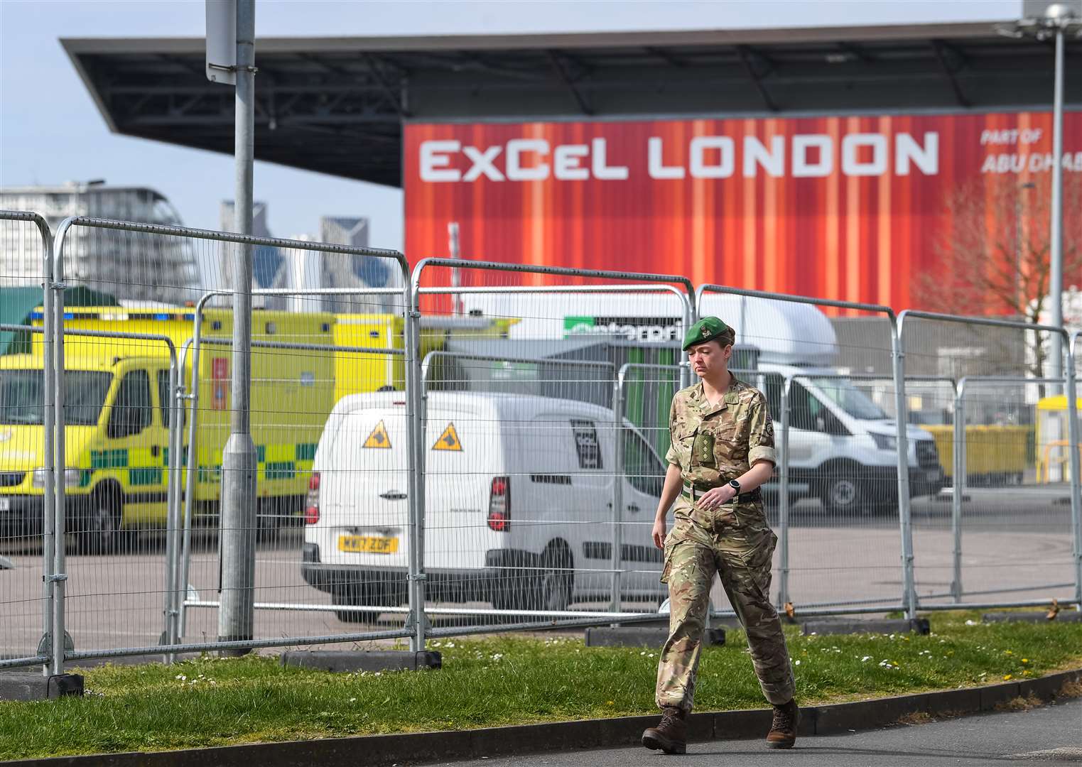 A soldier outside the ExCel centre in London which is being made into the temporary NHS Nightingale hospital to help tackle coronavirus (Stefan Rousseau/PA).