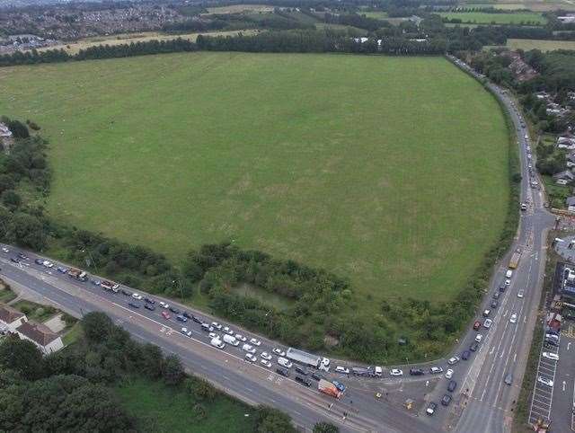An aerial image gives a glimpse of the traffic on the A20 and feeding into Hermitage Lane, next to the site in Aylesford, earmarked for housing