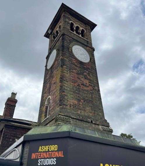 The clock tower sits at the entrance to the ‘Ashford International Studios’ site. Picture: Iceni Planning/The Cumbria Clock Company