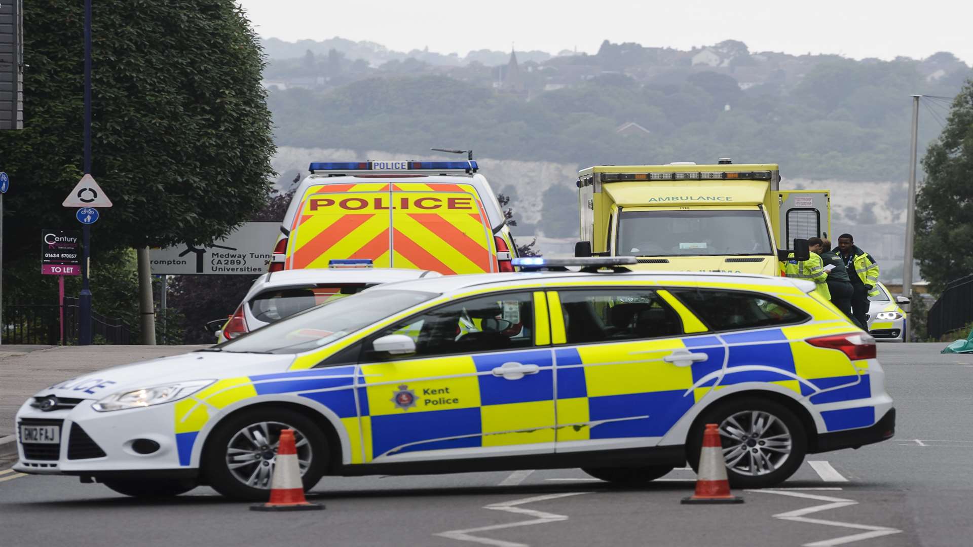 Emergency services at the scene, at the junction of Wood Street and Middle Row, Brompton, Gillingham.