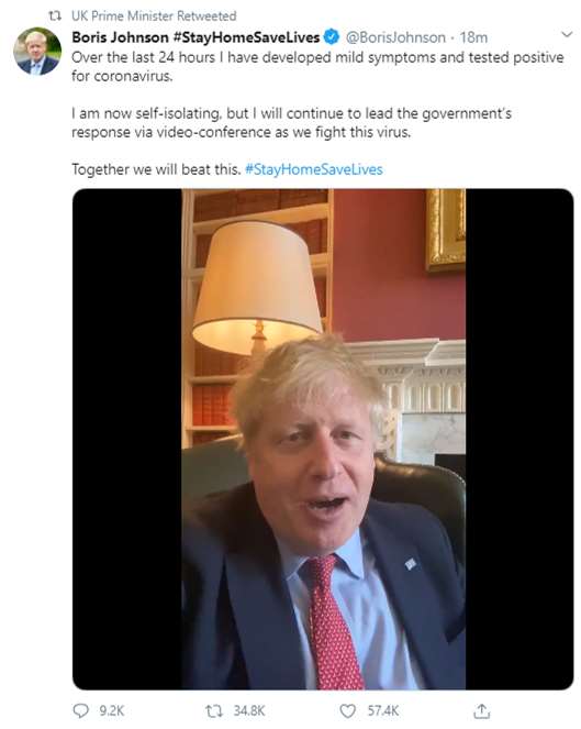 Screengrab of a post on the twitter feed of the Prime Minister as he revealed he had tested positive for coronavirus (Screengrab/Twitter/PA)