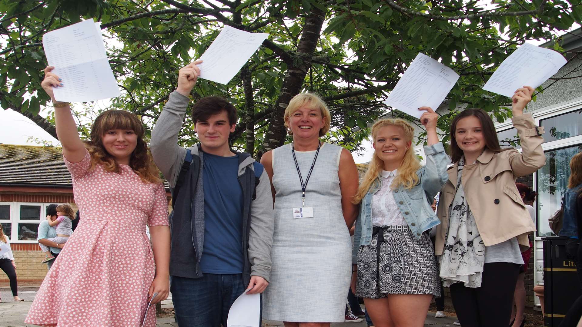 Brockhill school pupils in Saltwood celebrating GCSE results with principal Sonettee Schwartz.