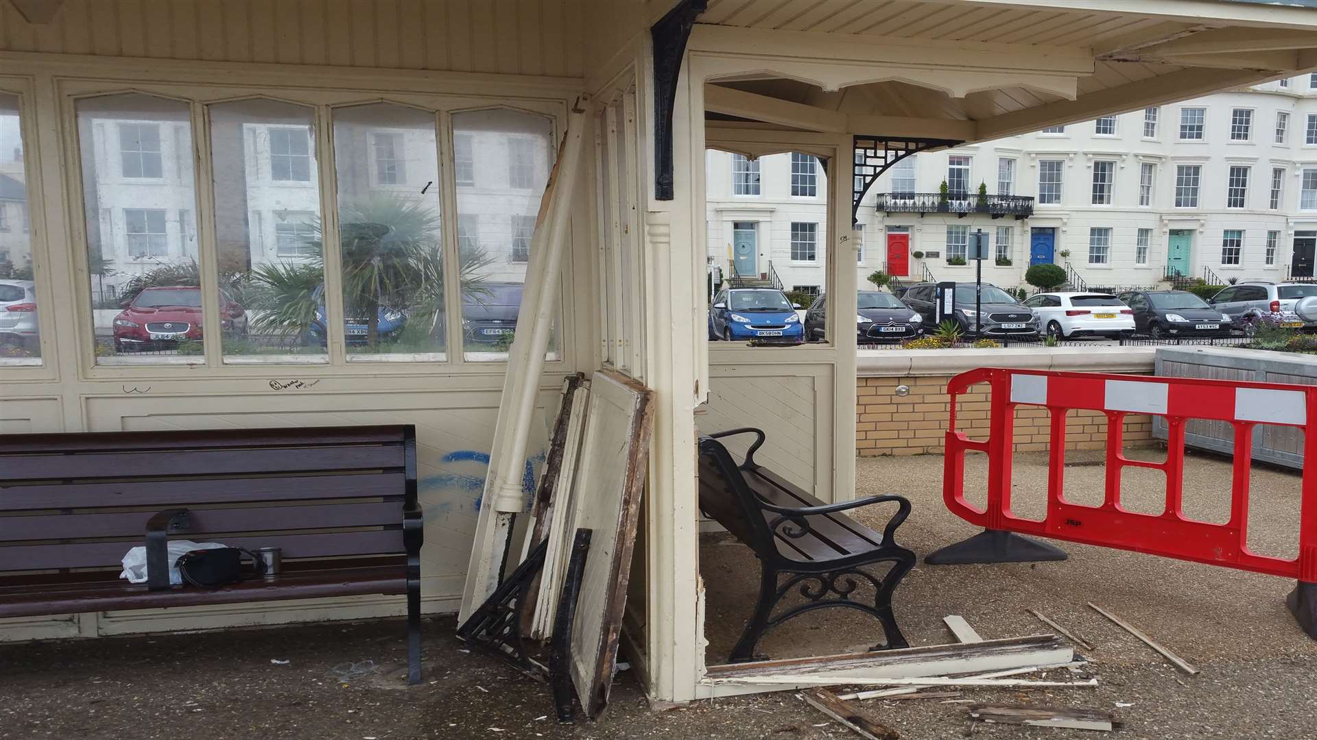 The vandalised shelter in Central Parade, Herne Bay.