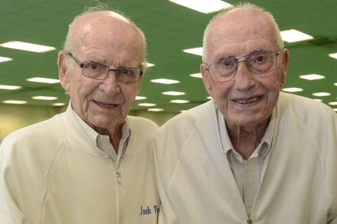 Possibly Britain’s oldest bowlers, Jack Pike and Lionel Pugh, both 97, at the Oyster Indoor Bowls Club in Whitstable