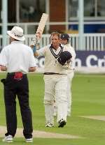 Darren Stevens celebrates his century. Picture: BARRY GOOWIN