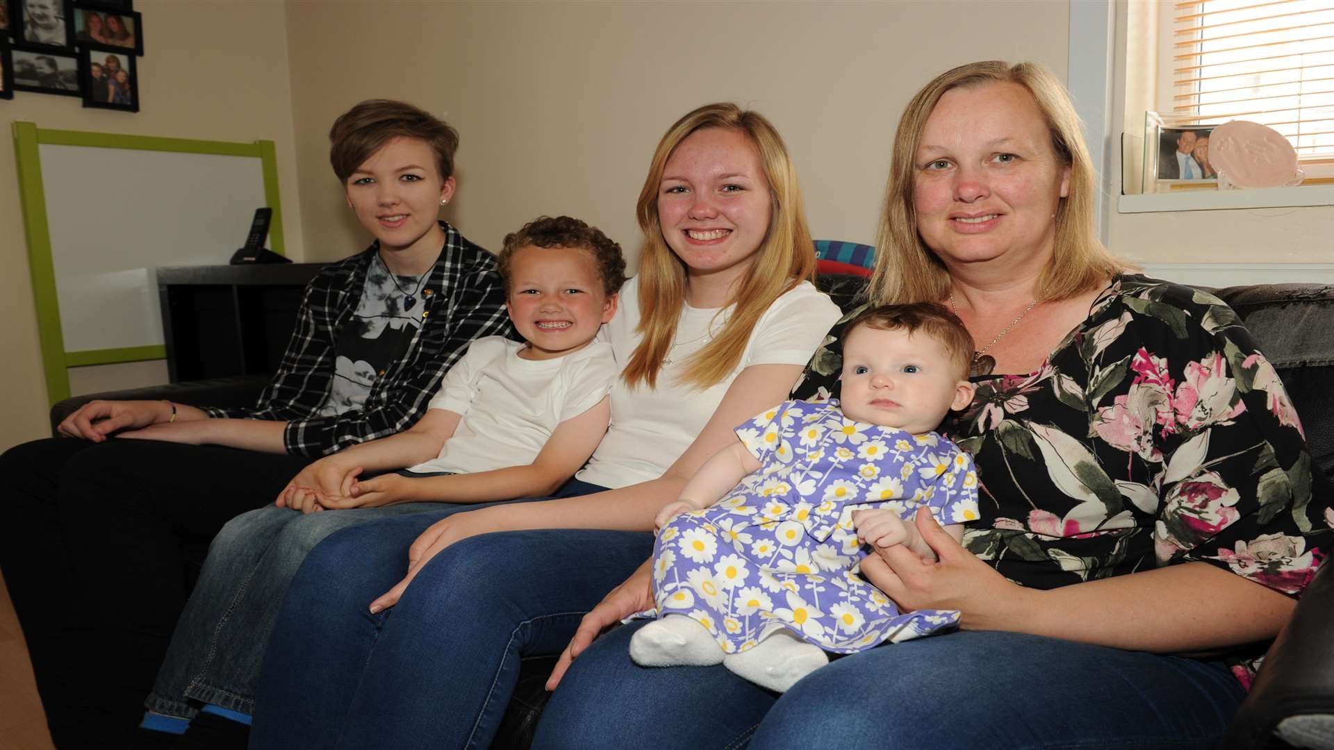 Shannon, 17, Thomas, five, Katie, 18, mum Pat and Bonnie Alexander,12 weeks