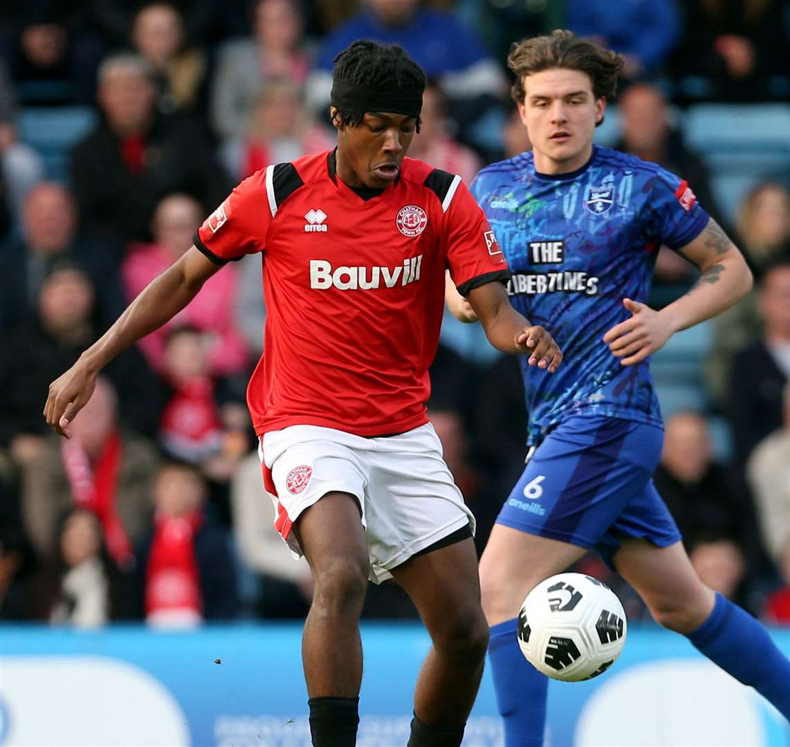 On-loan AFC Wimbledon teenager Paris Lock, pictured at Chatham last season, set up both of Dover striker Zidan Sutherland’s goals in Saturday’s 2-1 FA Cup win. Picture: PSP Images