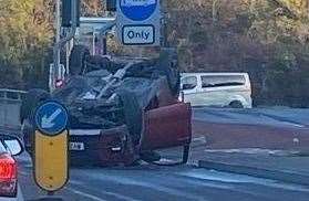 A car on its roof along Thames Way, Gravesend