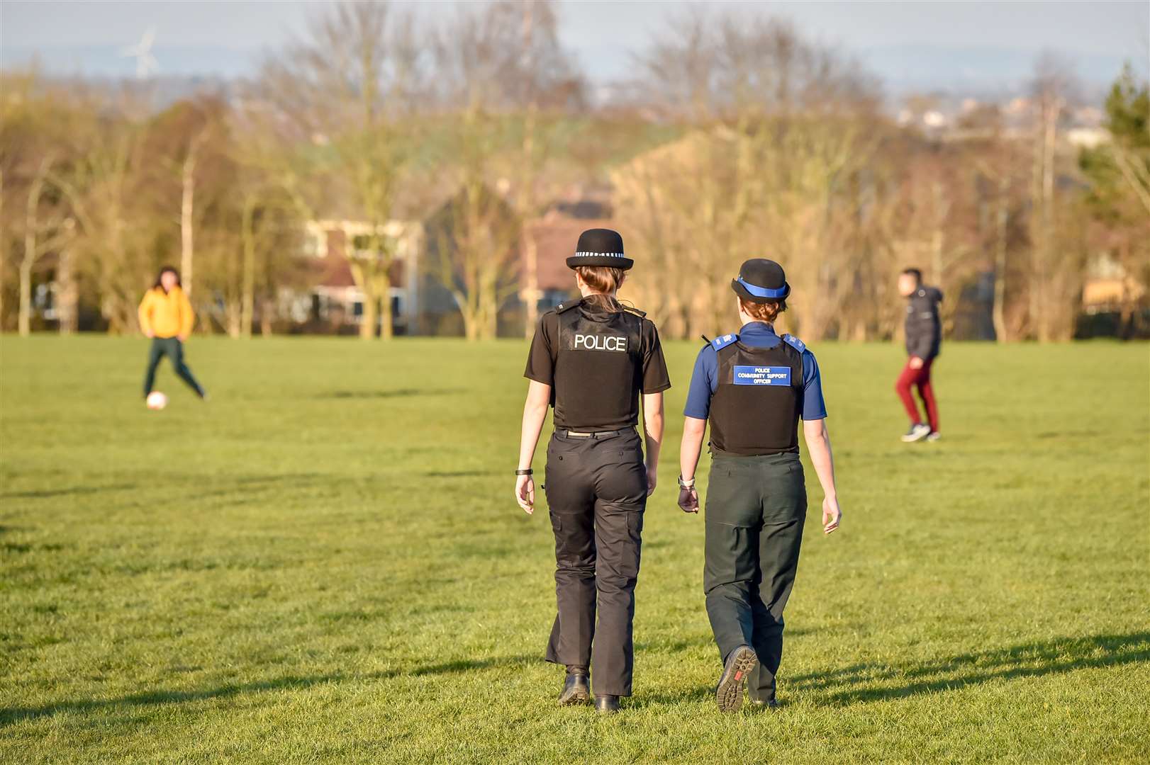 Avon and Somerset Police officers patrol the parks in Bristol to work on enforcing the coronavirus lockdown rules (Ben Birchall/PA)