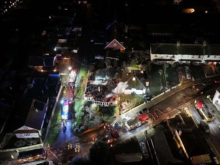 A drone image of the fire in Grand Drive, Herne Bay, on Friday. Picture: David Lake