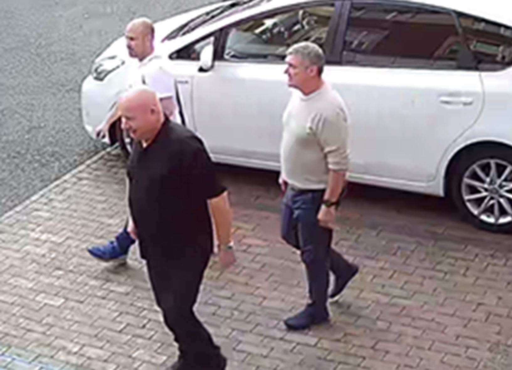 From left, Thomas Mee, 42, Vincent Ball, 52, and John Barlow, 58, arriving at a hotel in Derby where they stayed before committing a burglary in Barnby Moor (Cheshire Constabulary/PA)