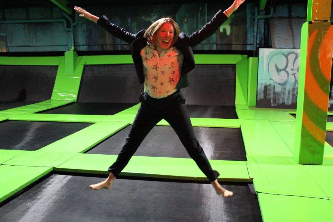 Sports minister and Chatham MP Tracey Crouch trying out the trampolines at Flip Out Chatham. Pic: Richard Clein
