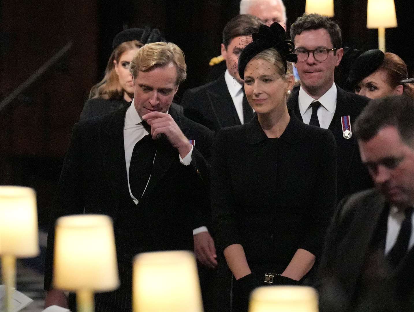 Lady Gabriella Kingston and Thomas Kingston arriving at the Committal Service for Queen Elizabeth II (Victoria Jones/PA)