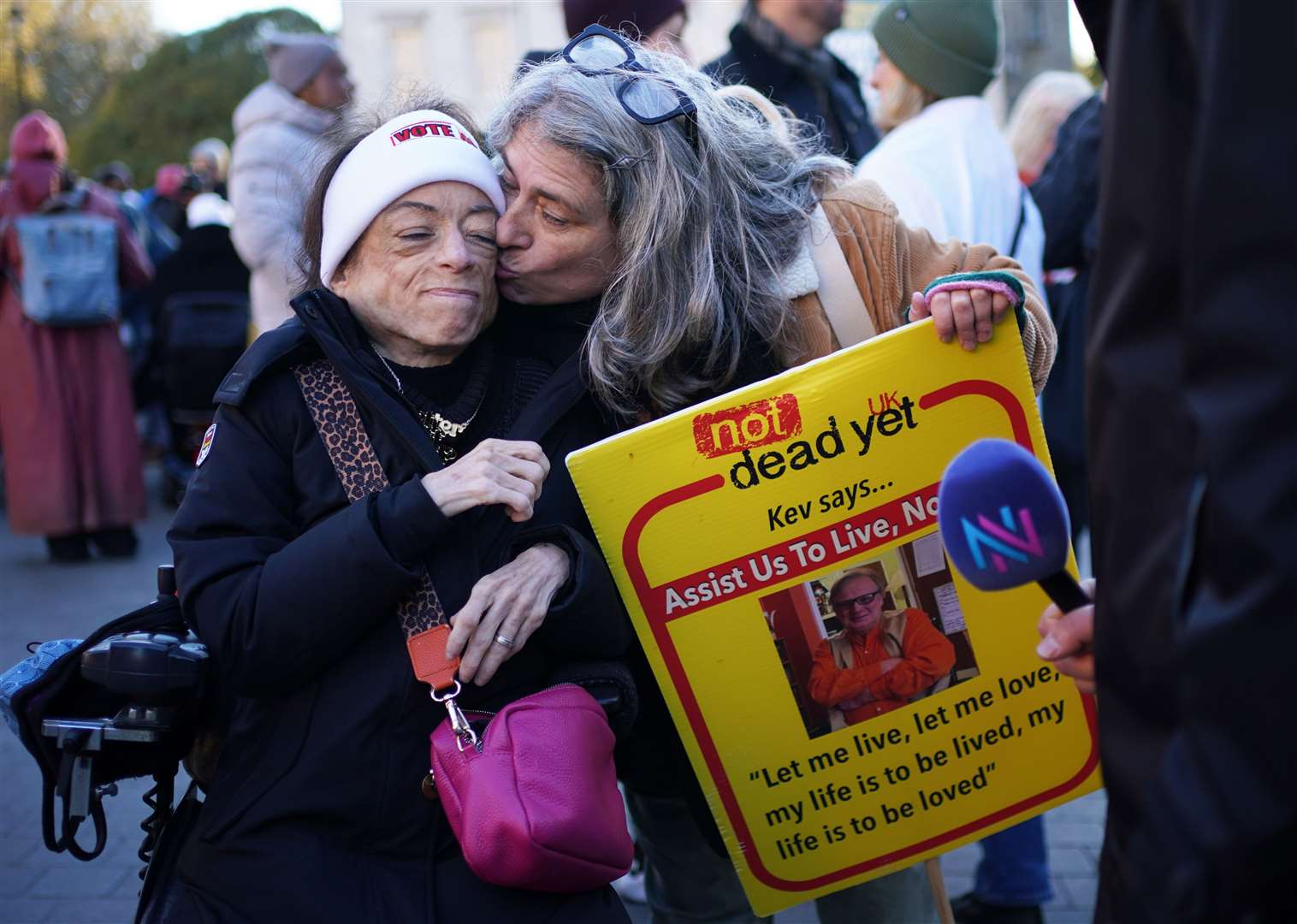 Actress Liz Carr (left) takes part in a demonstration at Old Palace Yard in Westminster, London, to oppose the Terminally Ill Adults (End of Life) Bill (Yui Mok/PA)