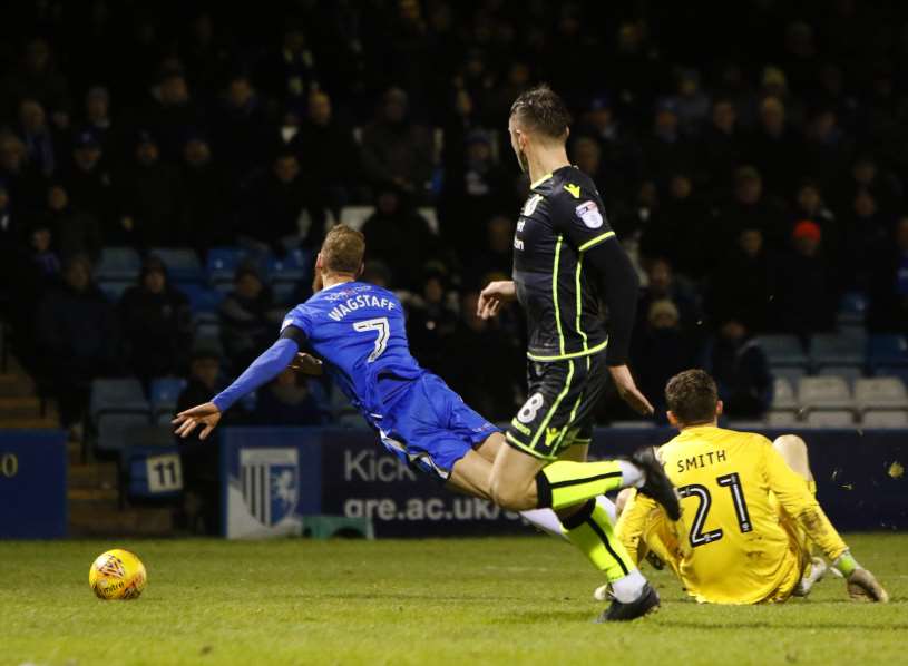 Scott Wagstaff is fouled for Gills' second penalty Picture: Andy Jones