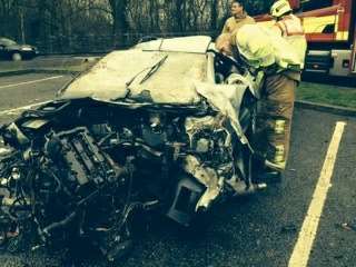 The wrecked car at Medway Services