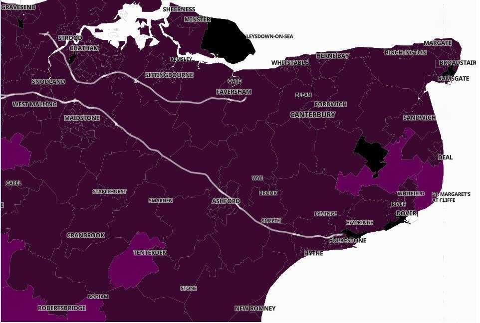 A map showing infection rates across Kent - the darker the colour, the higher the rate