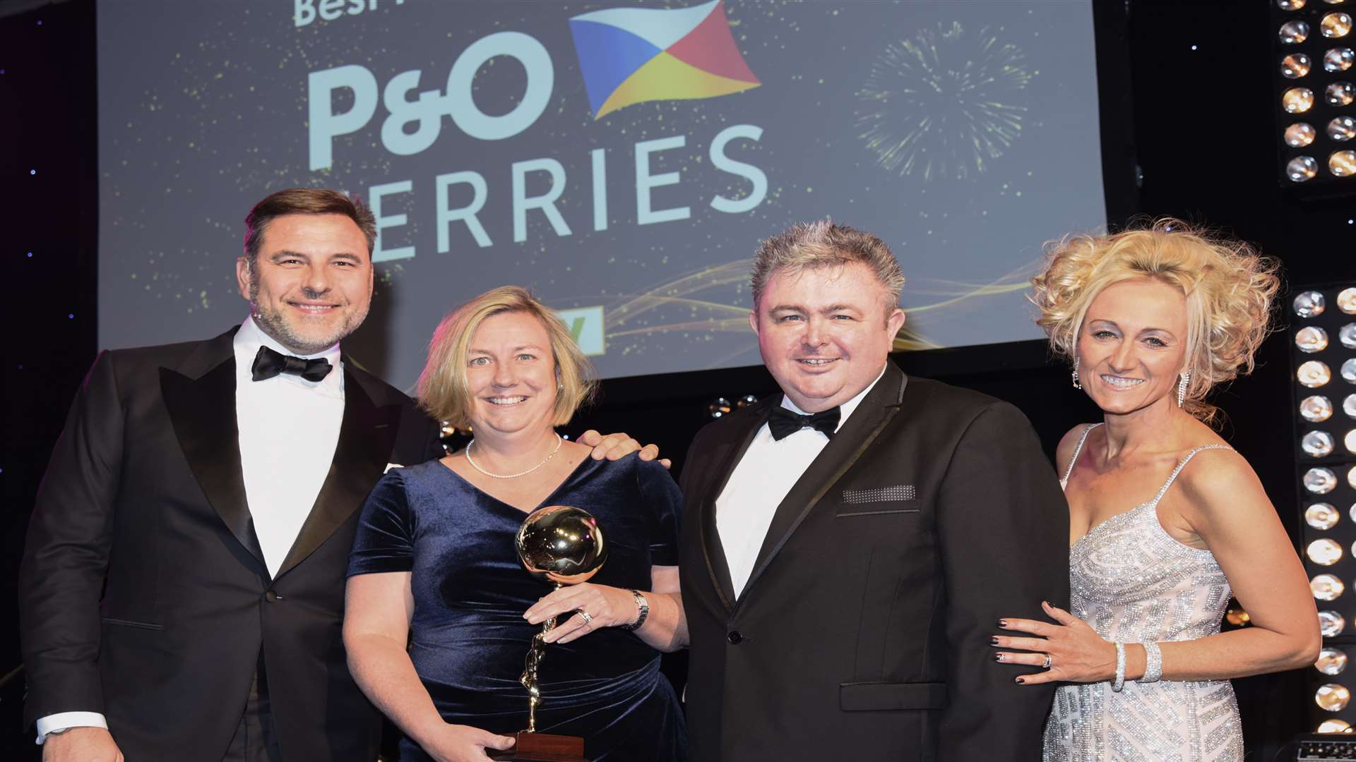 Double award for P&O Ferries. From left, TV star David Walliams: P&O Ferries MD Janette Bell: Olly Wenn, managing director of category sponsors, the travel web firm Zolv, and Lucy Huxley, editor of Travel Weekly.