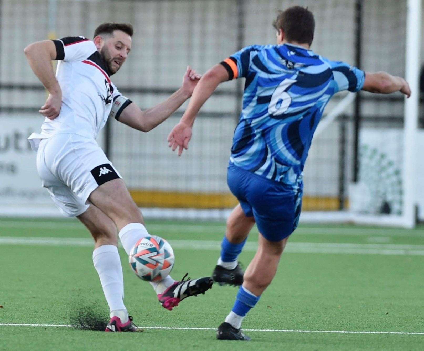 Faversham captain Connor Essam, pictured in action against Lordswood earlier in the season, is closing in on an injury comeback. Picture: Ian Scammell