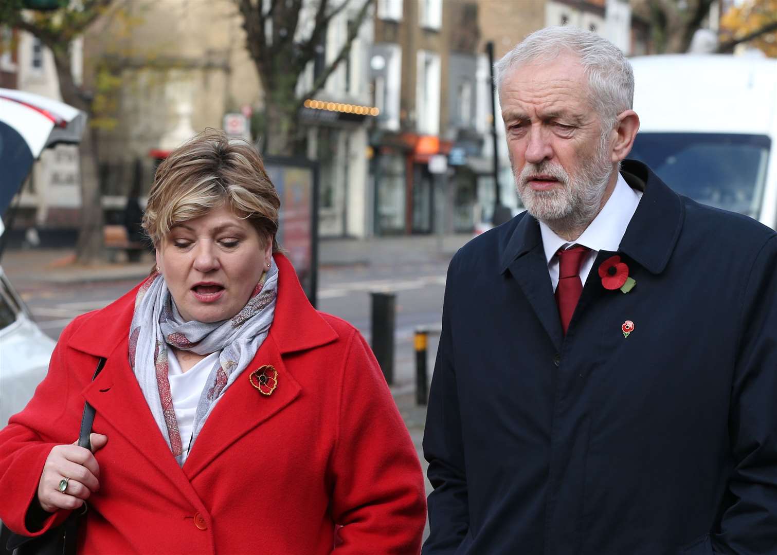 Then-shadow foreign secretary Emily Thornberry and Labour Party leader Jeremy Corbyn walk together after observing a silence to mark Armistice Day outside Islington Town Hall in November 2019 (Jonathan Brady/PA)