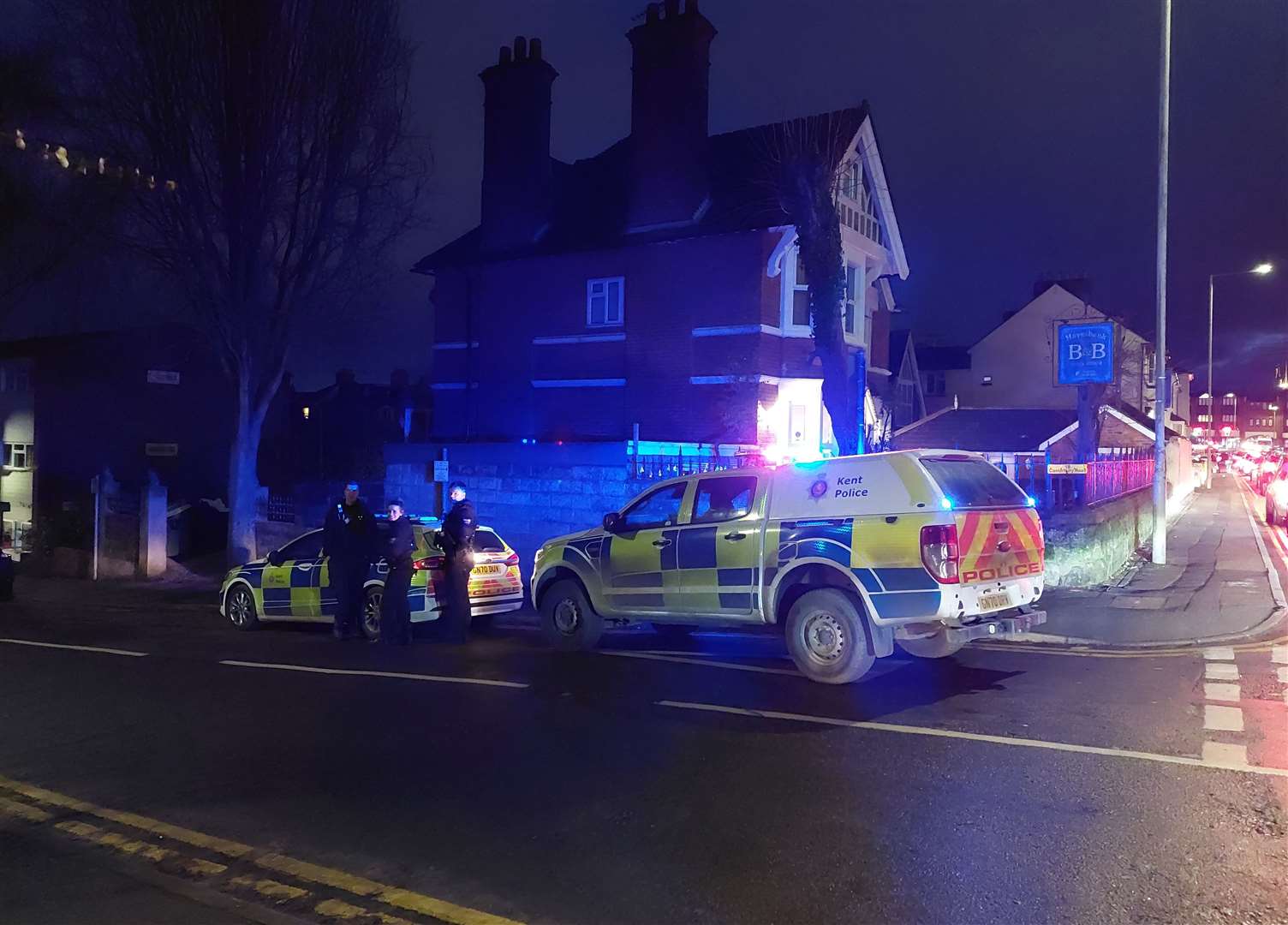 Police were spotted outside Hayesbank B&B on the corner of Canterbury Road and Lower Queens Road