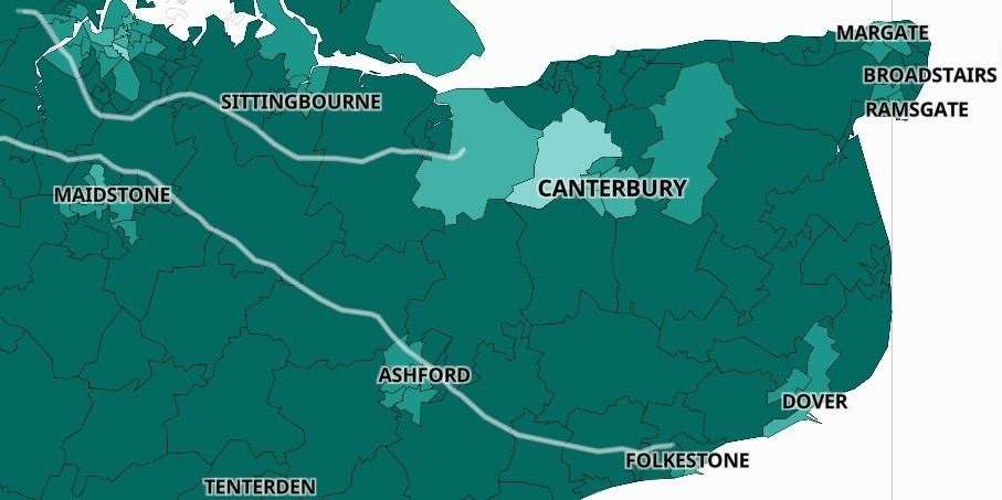 The lightest shaded areas on the government's interactive map have had the lowest vaccine uptake - while the darkest shaded areas have the highest