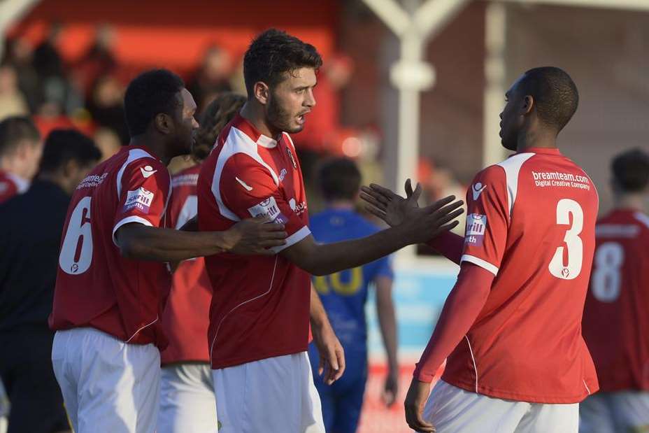 Michael Thalassitis, centre, has just made it 2-0 (Pic: Andy Payton)