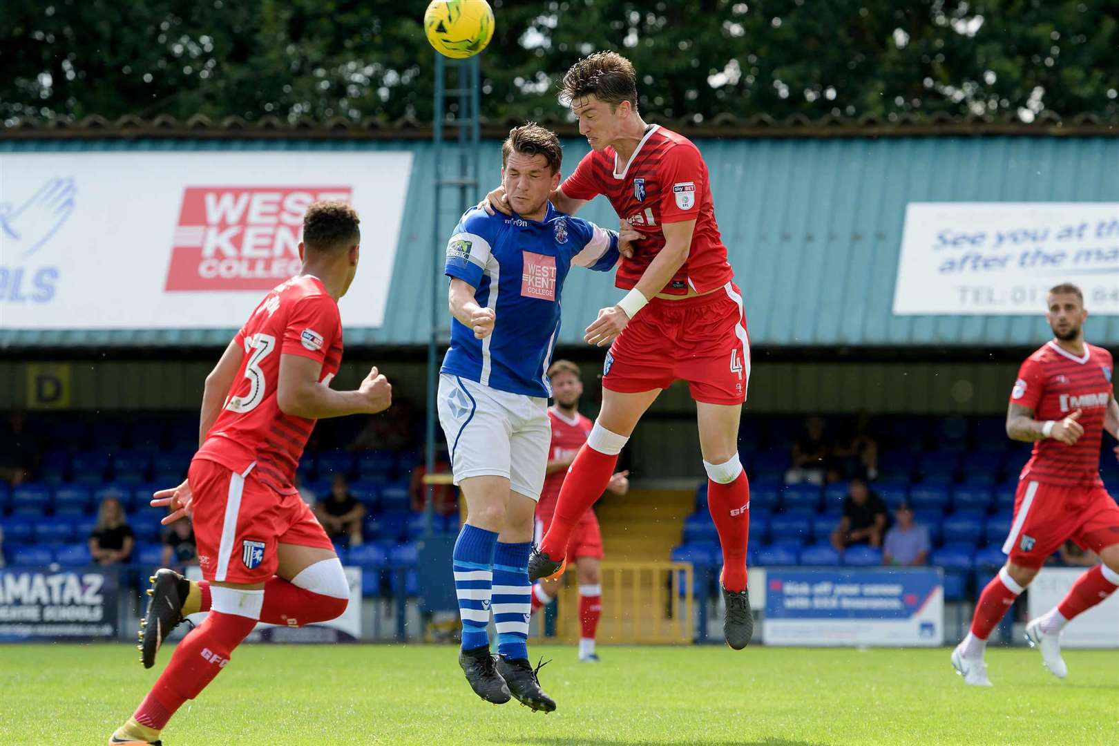 Alex Lacey wins the ball. Tonbridge Angels v Gillingham pre-season action Picture: Andy Payton