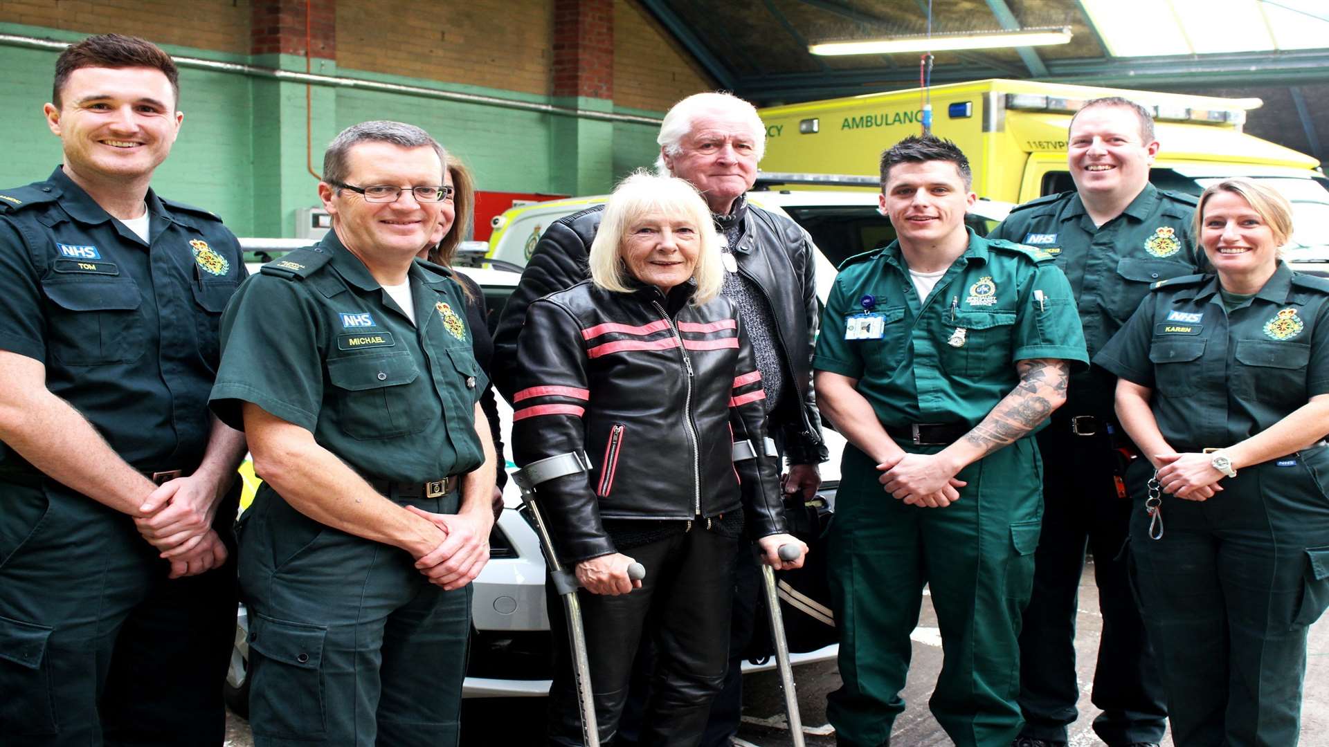 Paramedics Tom Landers and Michael Fothergill with Diane and David Savage, technician Darren Jensen, critical care paramedic Dave Hawkins and Karen Simons