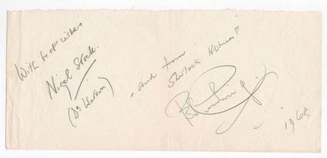 A rare joint autograph by Peter Cushing, right, and his Sherlock Holmes co-star Nigel Stock