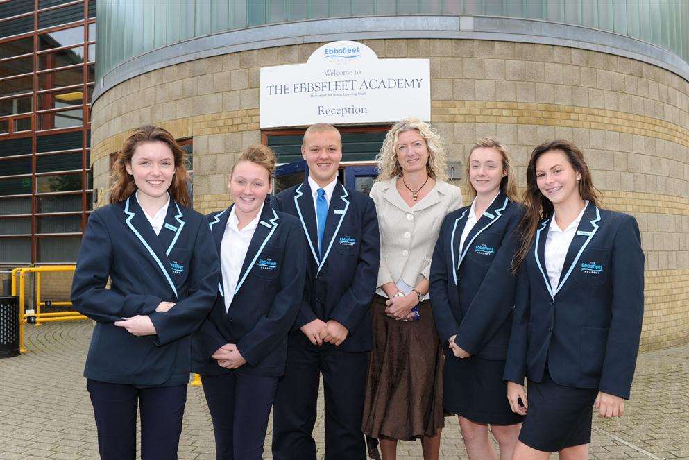 The Ebbsfleet Academy school prefects - Evan Whiting, Chloe Godfrey, Jake Tinsley, Principal Alison Colwell, Zoe Prestidge, Ayla Taylor