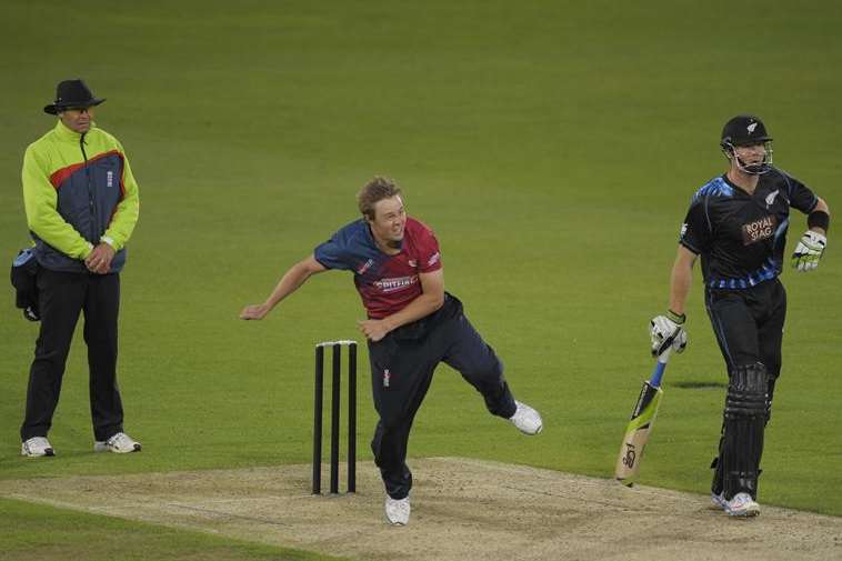 Kent's Fabian Cowdrey in bowling action against New Zealand. Picture: Barry Goodwin