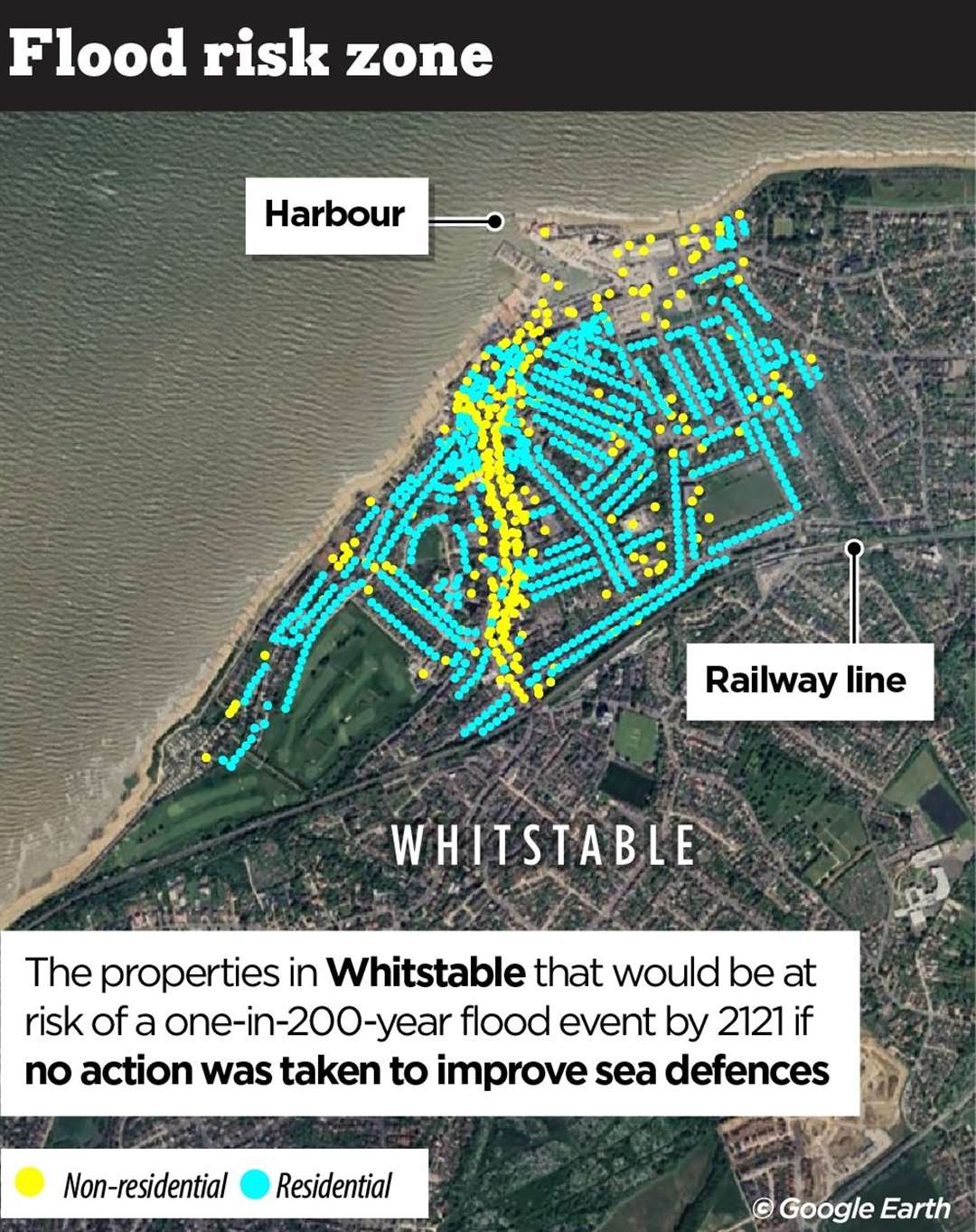 The properties in Whitstable that would be put at risk by a one-in-200-year flood event by 2121 if no action was taken to improve sea defences