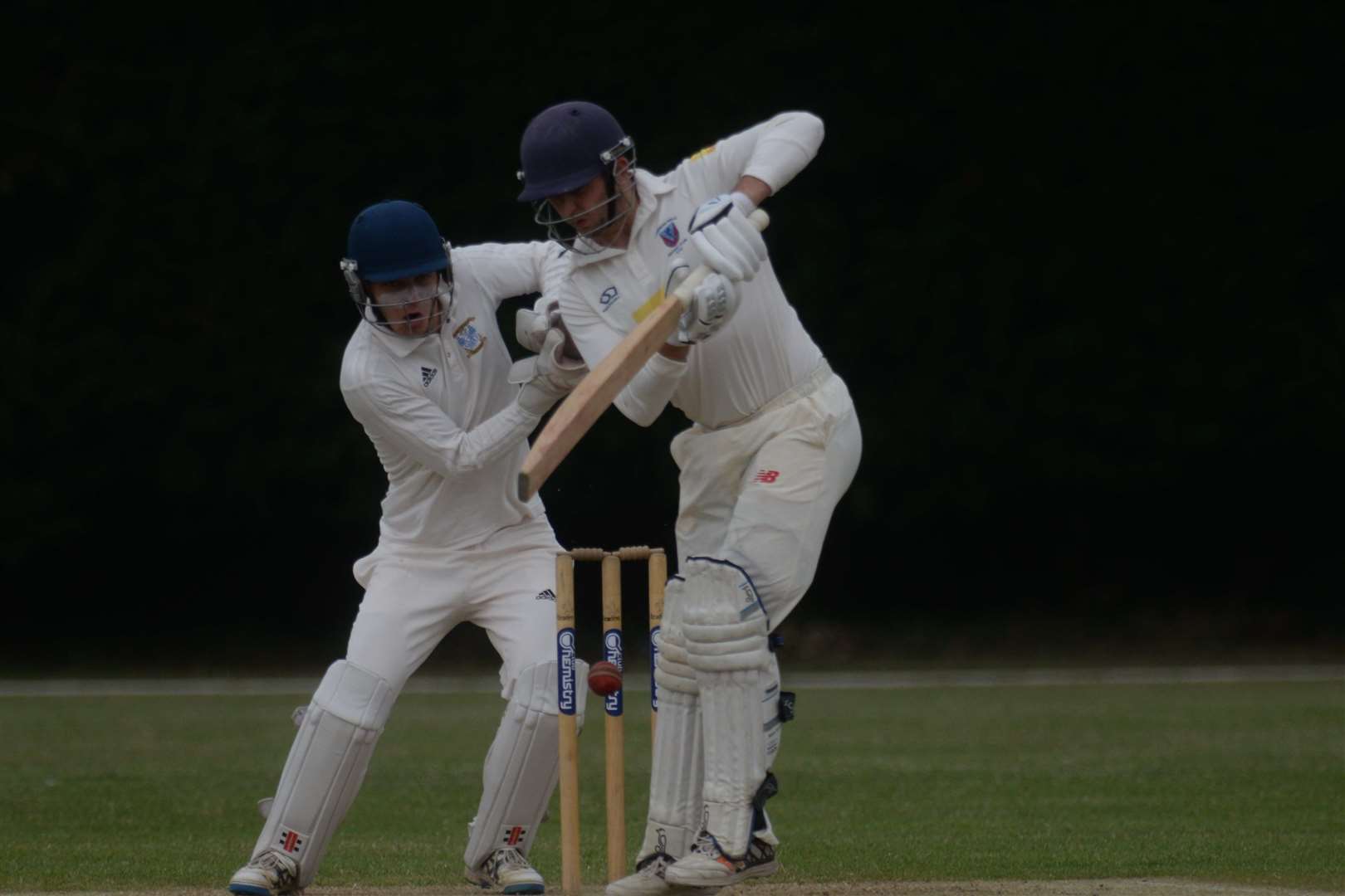 Tunbridge Wells batsman Christopher Williams and Canterbury keeper Sam Burt during the match at Polo Farm on Saturday. Picture: Chris Davey