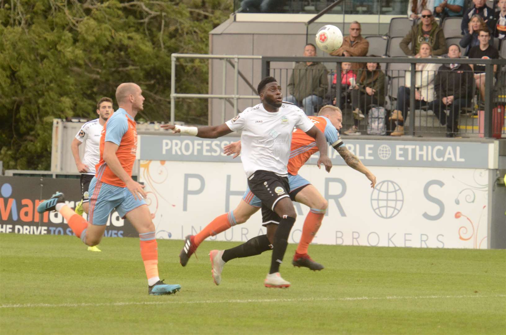 Inih Effiong competes for the ball against Halifax. Picture: Chris Davey