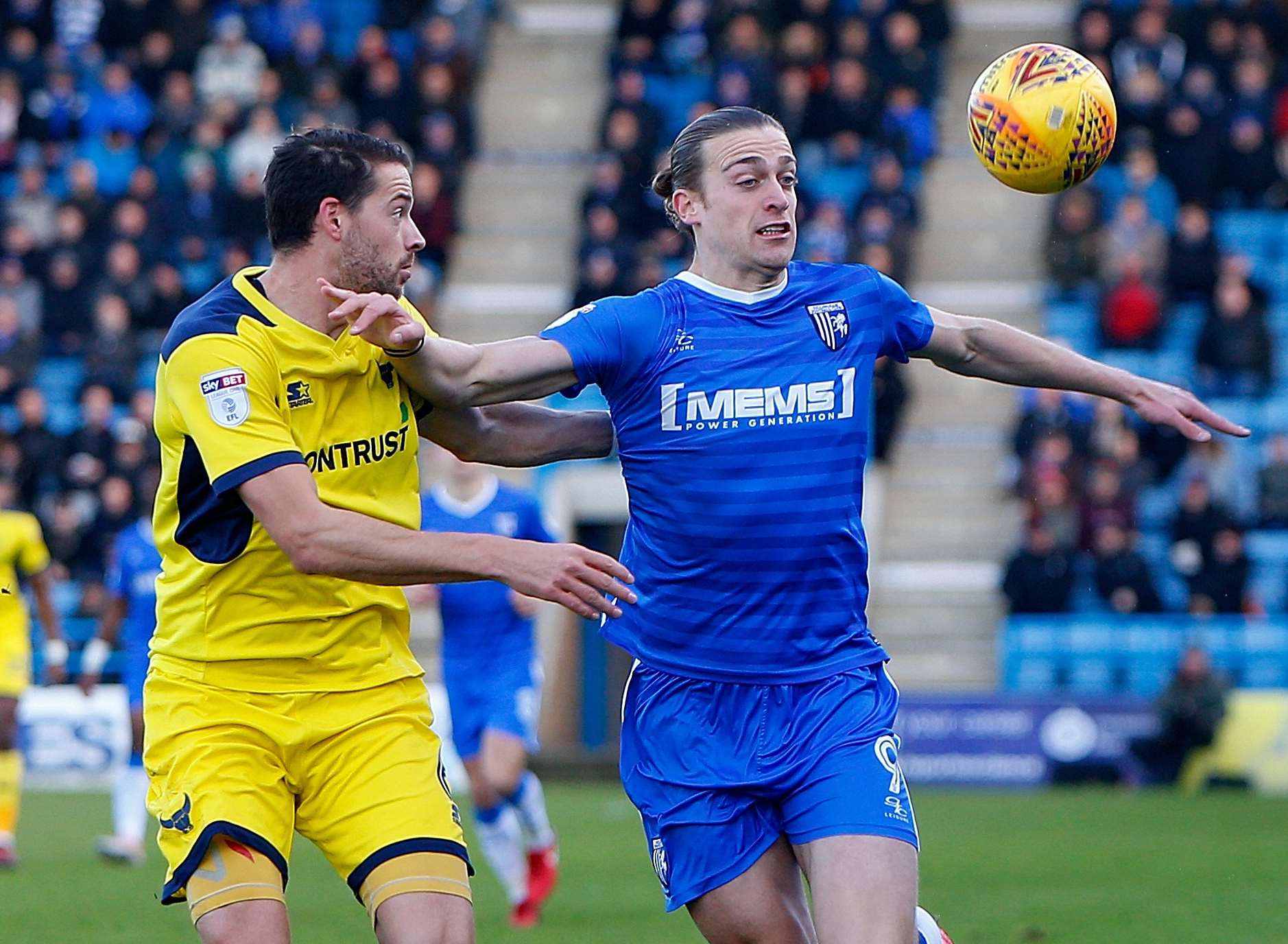 Striker Tom Eaves holds the ball up Picture: Andy Jones